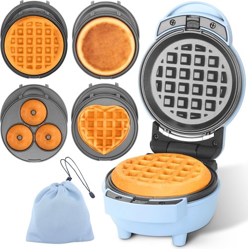 Baker's Friend Mini Waffle Maker - 4 in 1 with Removable Plates | Includes Pancake, Donut & Heart Shapes, Blue