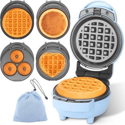 Baker's Friend Mini Waffle Maker - 4 in 1 with Removable Plates | Includes Pancake, Donut & Heart Shapes, Blue