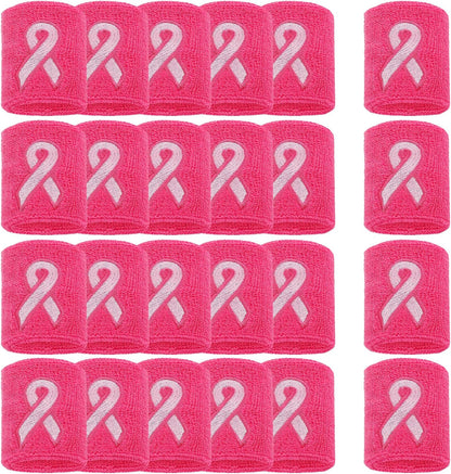 Skiennix Breast Cancer Awareness Wristbands - Pink Ribbon Elastic Sports Bands | 12/24/48 Pcs for Youth & Adults
