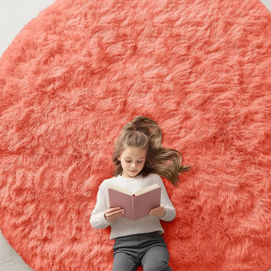 OLANLY Coral Red Round Rugs for Bedroom - Machine Washable, 8 ft Circle Area Rugs for Living Room, Soft and Fluffy Shaggy Carpet for Teen Girl and Boys, Nursery Rooms, Dorms, Home Decor Aesthetic