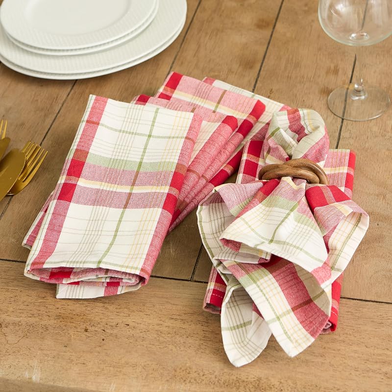 DII Thanksgiving Plaid Cloth Napkins Set of 6 - 20 x 20 inches, Taupe & Red + Variation: Square 20" x 20"