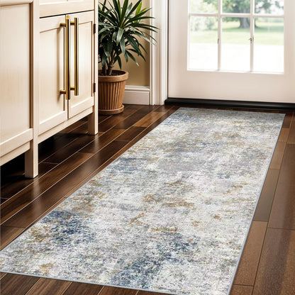 Skiennix Modern 2x5 Hallway Runner Rug - Abstract Washable Ultra Soft Non-Slip Carpet | Blue/Beige