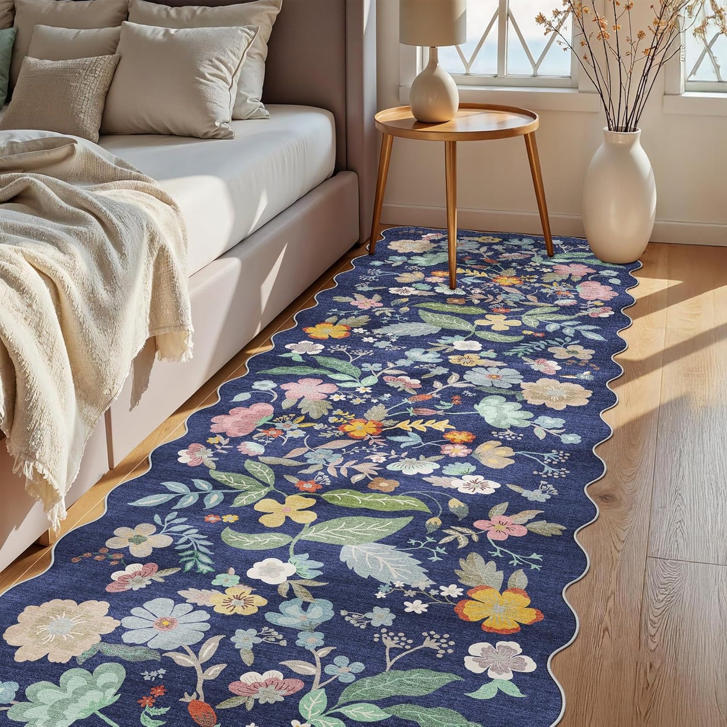 Skiennix 3x10 Long Hallway Runner Rug - Washable Floral Low-Pile Carpet for Entryway & Kitchen | Non-Slip Soft Mat in Purple