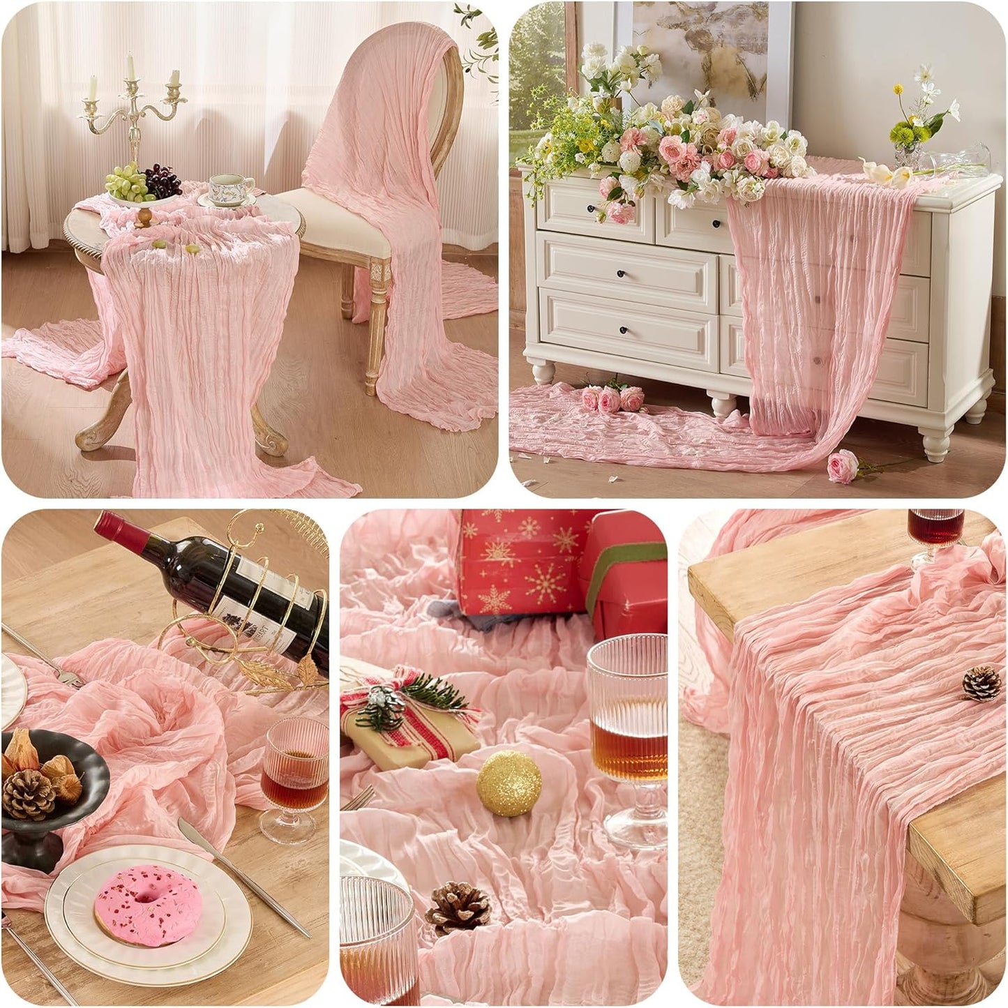 Skiennix 6 Pack Dusty Pink Table Runners - 120 Inch Boho Rustic Gauze for Weddings & Events