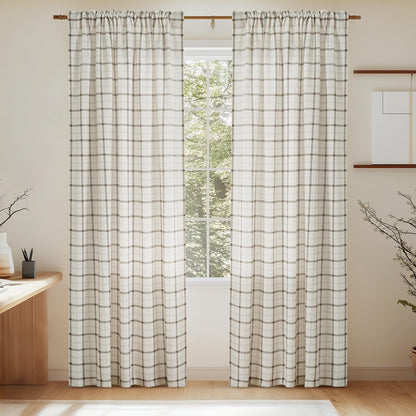 NICETOWN Plaid Window Curtain - 84-Inch Linen Sheer Drapes for Living Room & Bedroom | 52" x 84", White, 1 Pair