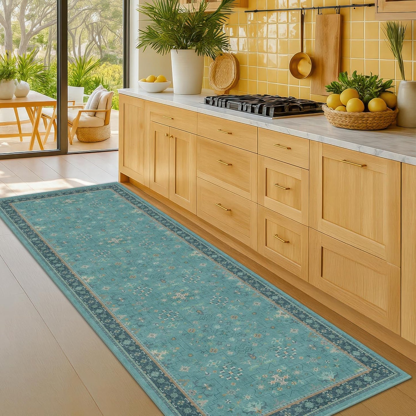 Boho Runner Rugs | 2'6"x8' Teal Washable Hallway Rug - Non-Slip Rubber Backing, Vintage Floral Design