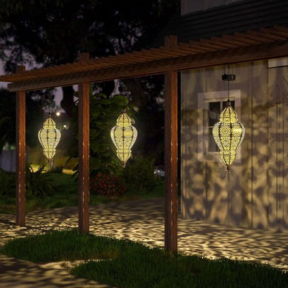 Hapjoy Moroccan Solar Lanterns - Waterproof Outdoor Garden Decor | Gold Hanging Lights (1 Pack)