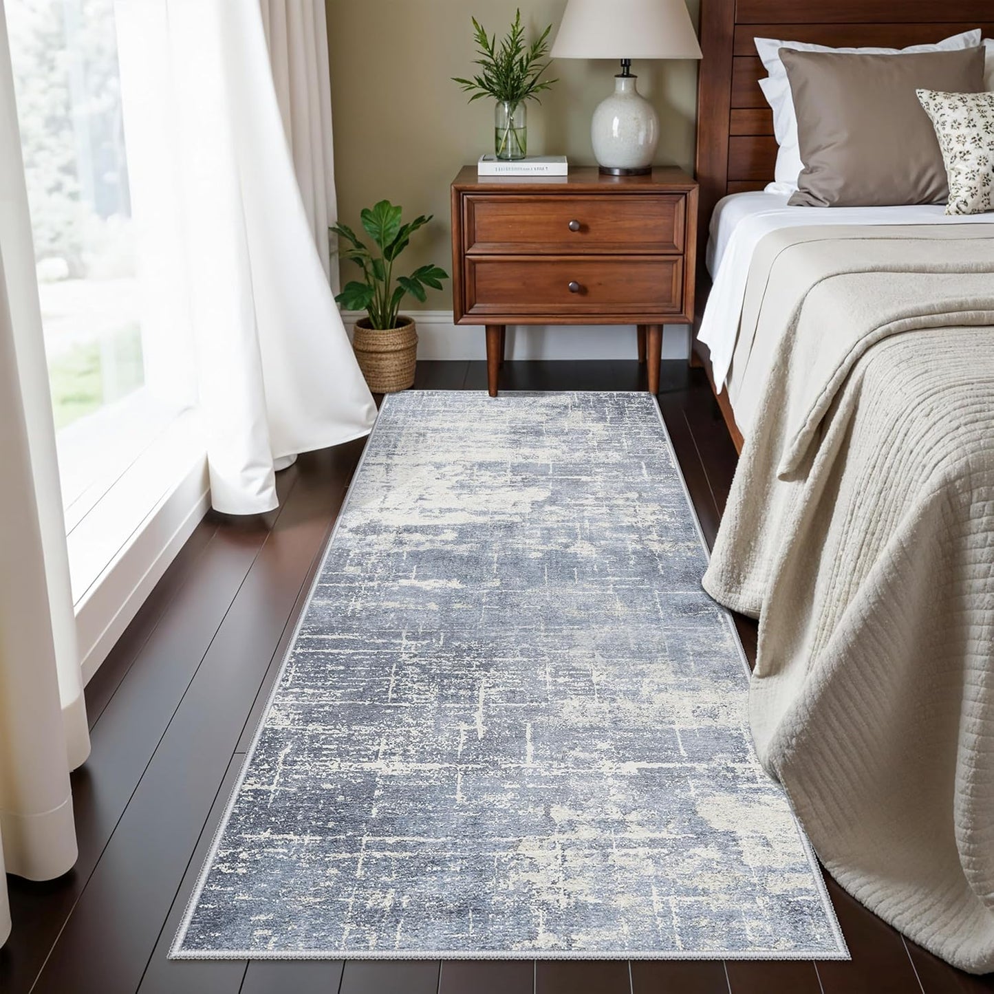 Skiennix Washable 2x5 Abstract Hallway Runner - Water Resistant Soft Carpet for Indoor Use | Blue/Ivory