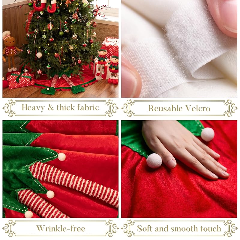 Valery Madelyn 48" Elf Christmas Tree Skirt - Red & Green Velvet