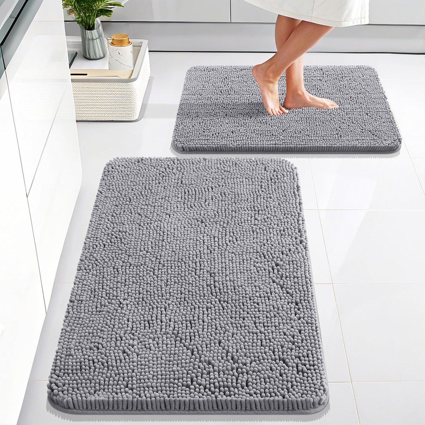 OLANLY Chenille Bath Rug Set - Soft & Absorbent 2-Piece Bathroom Rugs in Grey | 30x20 & 24x16 Inches