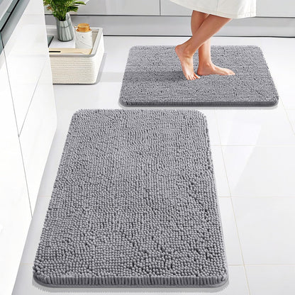 OLANLY Chenille Bath Rug Set - Soft & Absorbent 2-Piece Bathroom Rugs in Grey | 30x20 & 24x16 Inches