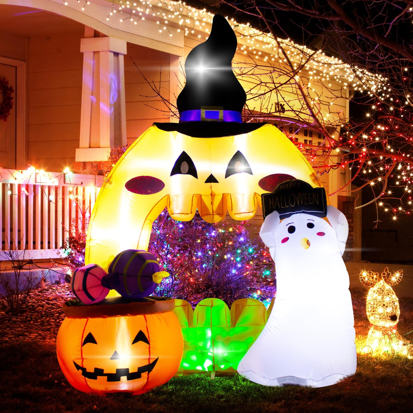 5 Feet Halloween Inflatable Pumpkin Outdoor Decoration with LED Lights, Blow up Halloween Ghost Hollowed Out Archway Pumpkin Inflatable Decor for Indoor Outdoor Yard Halloween Party Photo Spot