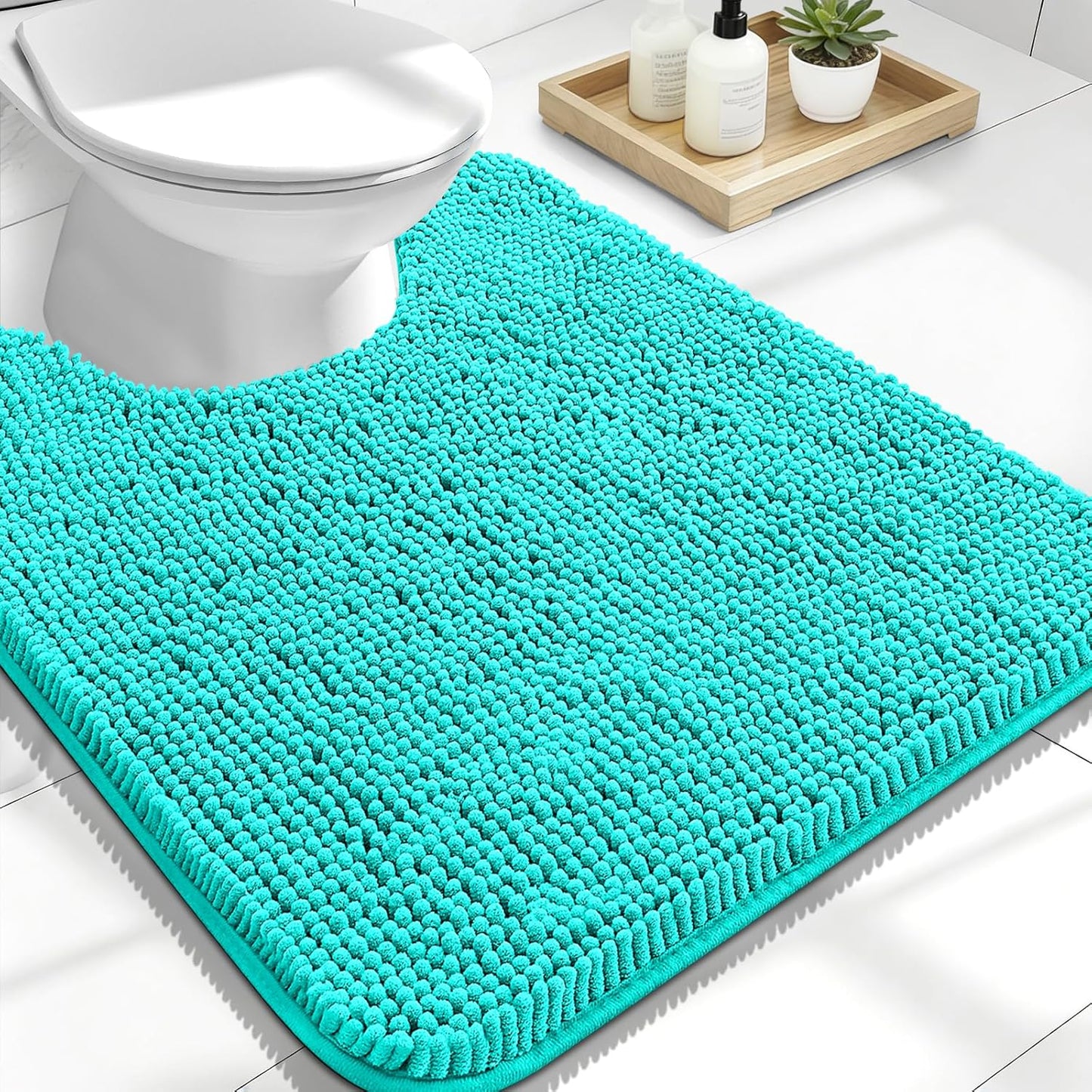 OLANLY U-Shaped Toilet Rugs - Extra Soft Chenille, Quick-Dry, Non-Slip | 24x20, Teal Color