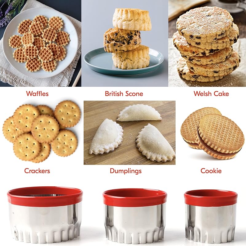 Heavy-Duty Round Cookie Cutters Set - 2", 2.6" & 3" Stainless Steel with Red PVC Top