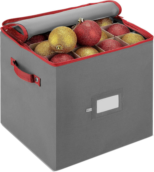 ZOBER Christmas Ornament Storage Box - Durable Organizer for 64 3" Ornaments - Gray with Dividers
