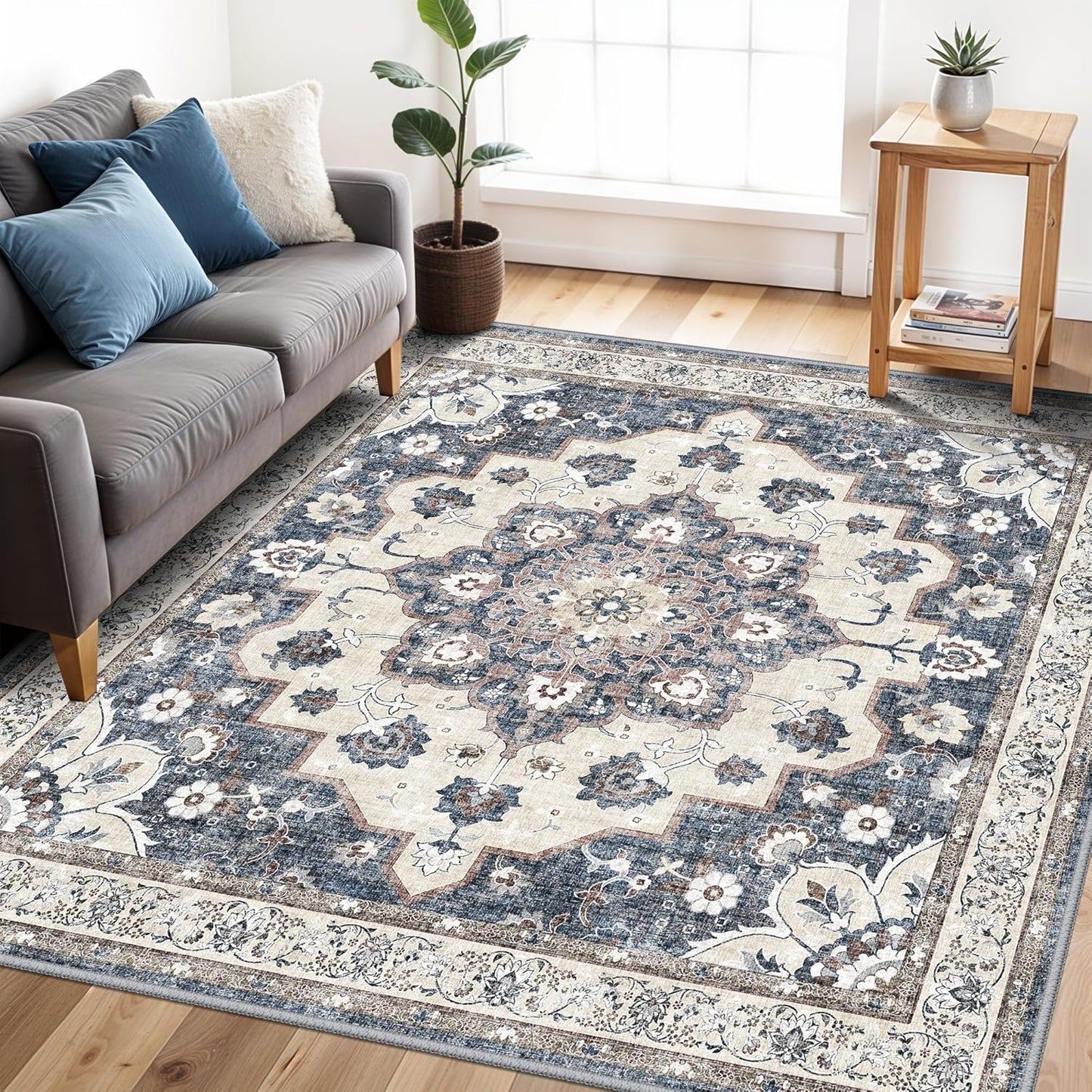 Skiennix 5x5 Square Area Rug - Stain Resistant, Non-Slip Indoor Carpet for Living Room & Bedroom | Blue