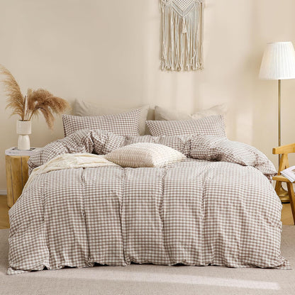 TOCOMOA Tan Gingham Duvet Cover Set - 100% Washed Cotton, Super Soft & Comfy | Queen Size (90"x90")