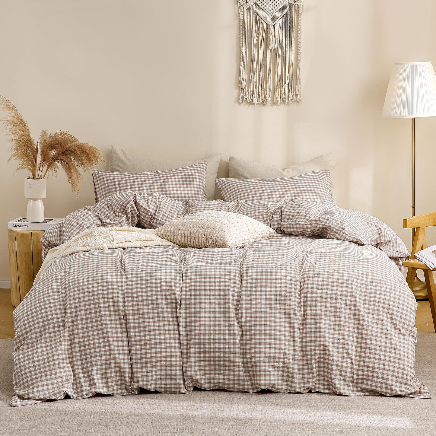 TOCOMOA Tan Gingham Duvet Cover Bedding Set 100% Washed Cotton Like Linen Feel Super Soft Comfy 3 Piece Brown Vintage Plaid Checkered Fall Comforter Cover Set (King 104"x90", Comforter Not Included)