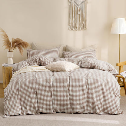TOCOMOA Tan Gingham Duvet Cover Bedding Set 100% Washed Cotton Like Linen Feel Super Soft Comfy 3 Piece Brown Vintage Plaid Checkered Fall Comforter Cover Set (King 104"x90", Comforter Not Included)