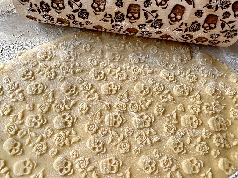 Skull Roses Embossed Rolling Pin – Beech Wood Dough Roller (7.9" Embossing Surface) - Halloween Cookie Stamp (Variation: Skull Roses)