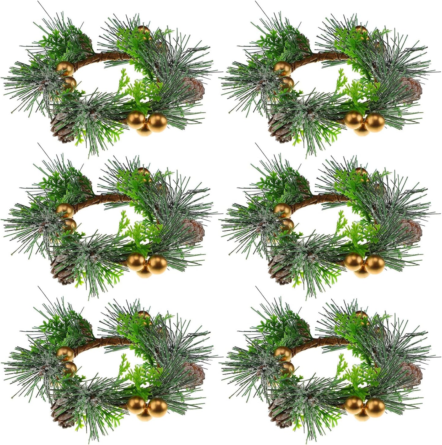 Regine Switzerland Christmas Candle Rings - 6 Pcs Mini Wreaths with Berries & Pine Cones | 4.7 Inch Holiday Decor