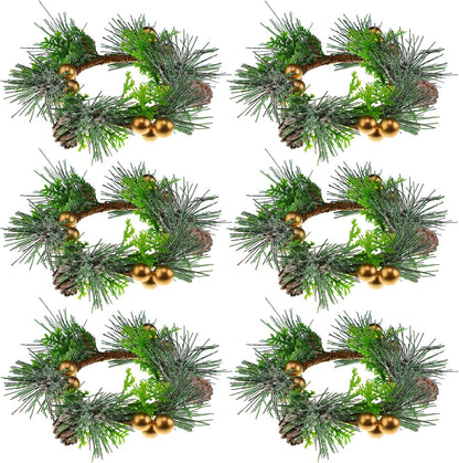 Regine Switzerland Christmas Candle Rings - 6 Pcs Mini Wreaths with Berries & Pine Cones | 4.7 Inch Holiday Decor