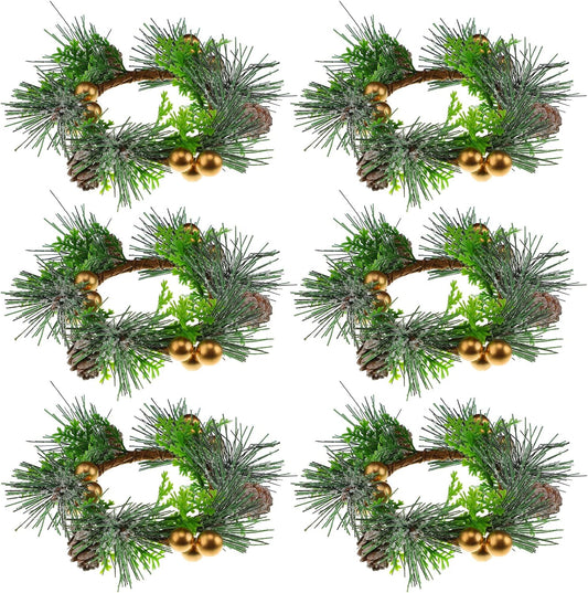 Regine Switzerland Christmas Candle Rings - 6 Pcs Mini Wreaths with Berries & Pine Cones | 4.7 Inch Holiday Decor