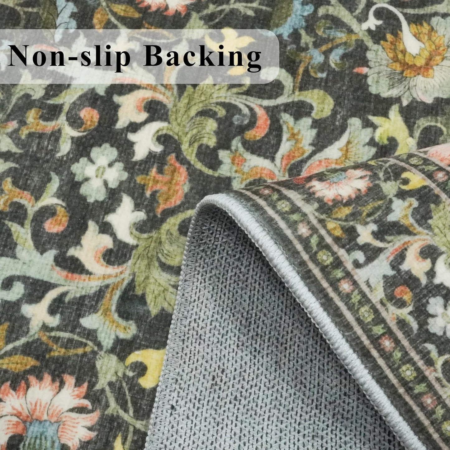 Skiennix Washable 4x6 Bedroom Rug - Non-Slip Floral Carpet for Living Room & Kitchen | Soft Low Pile Doormat in Green