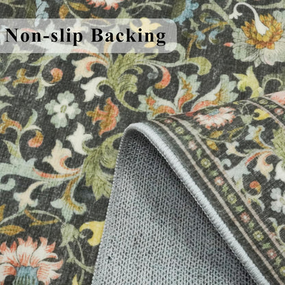 Skiennix Washable 4x6 Bedroom Rug - Non-Slip Floral Carpet for Living Room & Kitchen | Soft Low Pile Doormat in Green