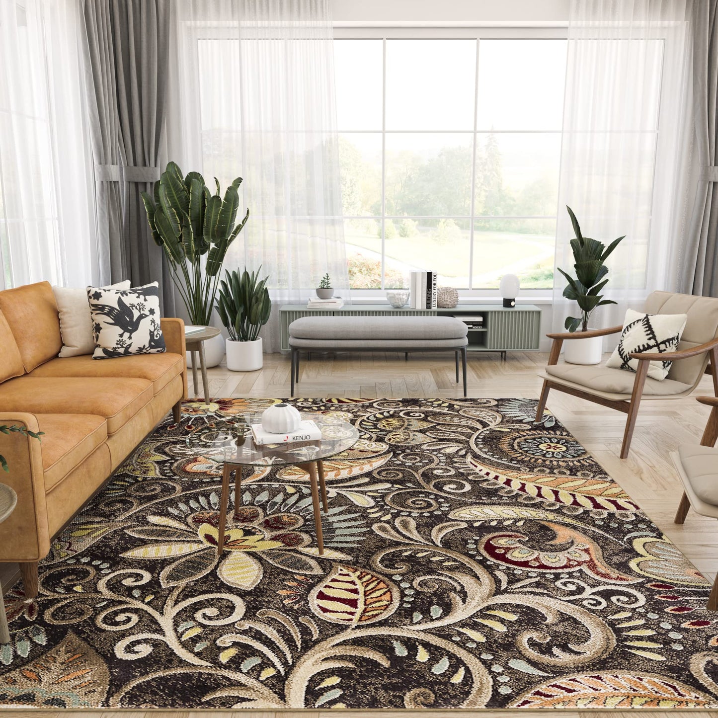 Giselle Transitional Floral Brown Rectangle Area Rug, 5' x 7'