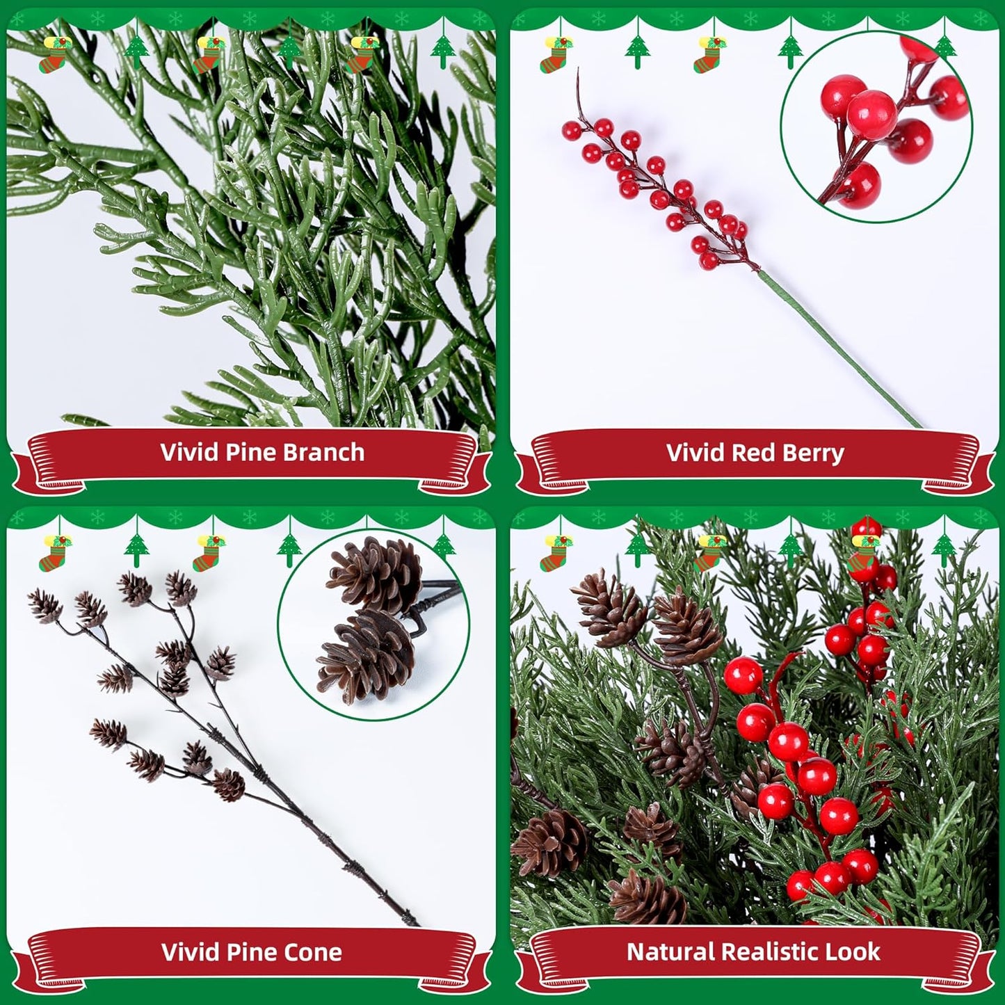 Skiennix Faux Cedar Stems - 17 PCS Artificial Norfolk Pine Branches with Pinecones & Red Berries for Christmas Decor
