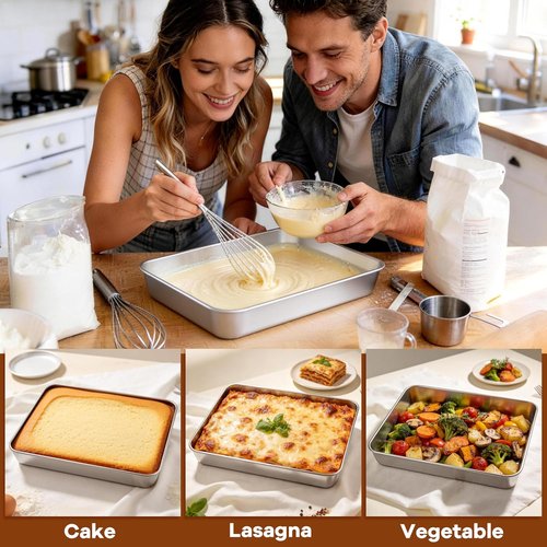 LIANYU Stainless Steel Baking Pan Set - 12⅓ x 9¾ x 2 Inch Rectangle Bakeware with Lids, Non-Toxic & Dishwasher Safe (2 Pans + 2 Lids)