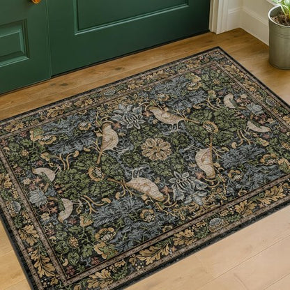 Hazo Haus Washable Floral Rug - Vintage Dark Botanical Design | Small 2x3 Indoor Mat in Earthy Tones