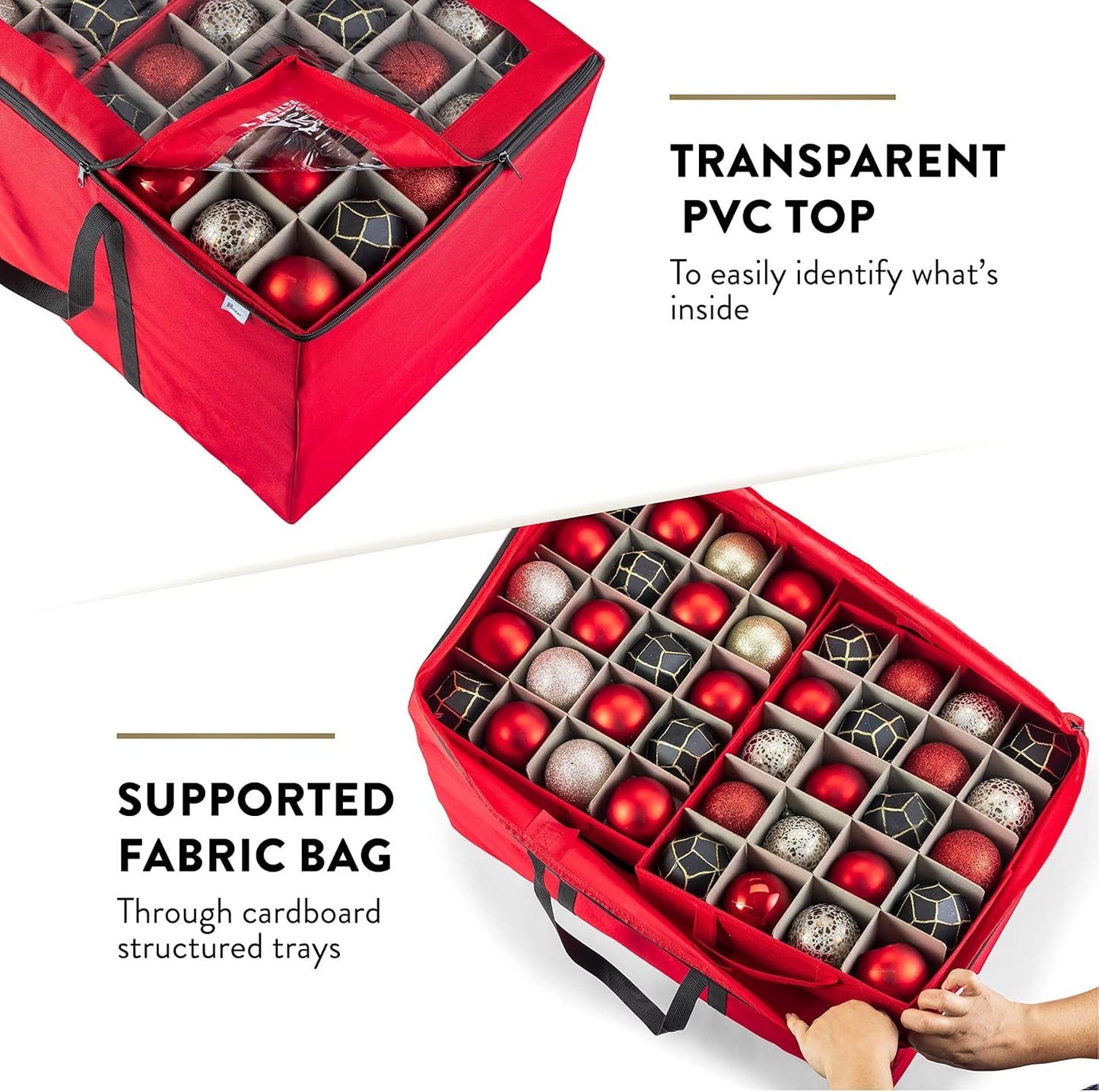ZOBER Christmas Ornament Storage Box - Organizes 200 3" Ornaments with Individual Trays - Durable 600D Oxford Fabric (Red)