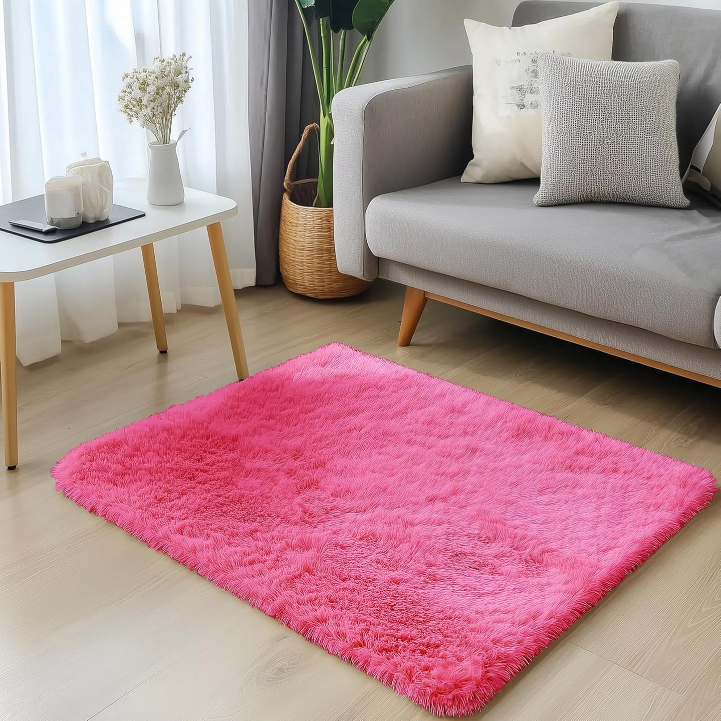 OLANLY Small Bedside Rug - Soft Fluffy Shaggy Throw Rug for Bedroom & Living Room | Hot Pink