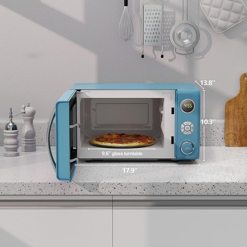 Galanz Retro Microwave Oven - 0.7 Cu Ft, LED Lighting, Pull Handle Design, Child Lock | Bebop Blue