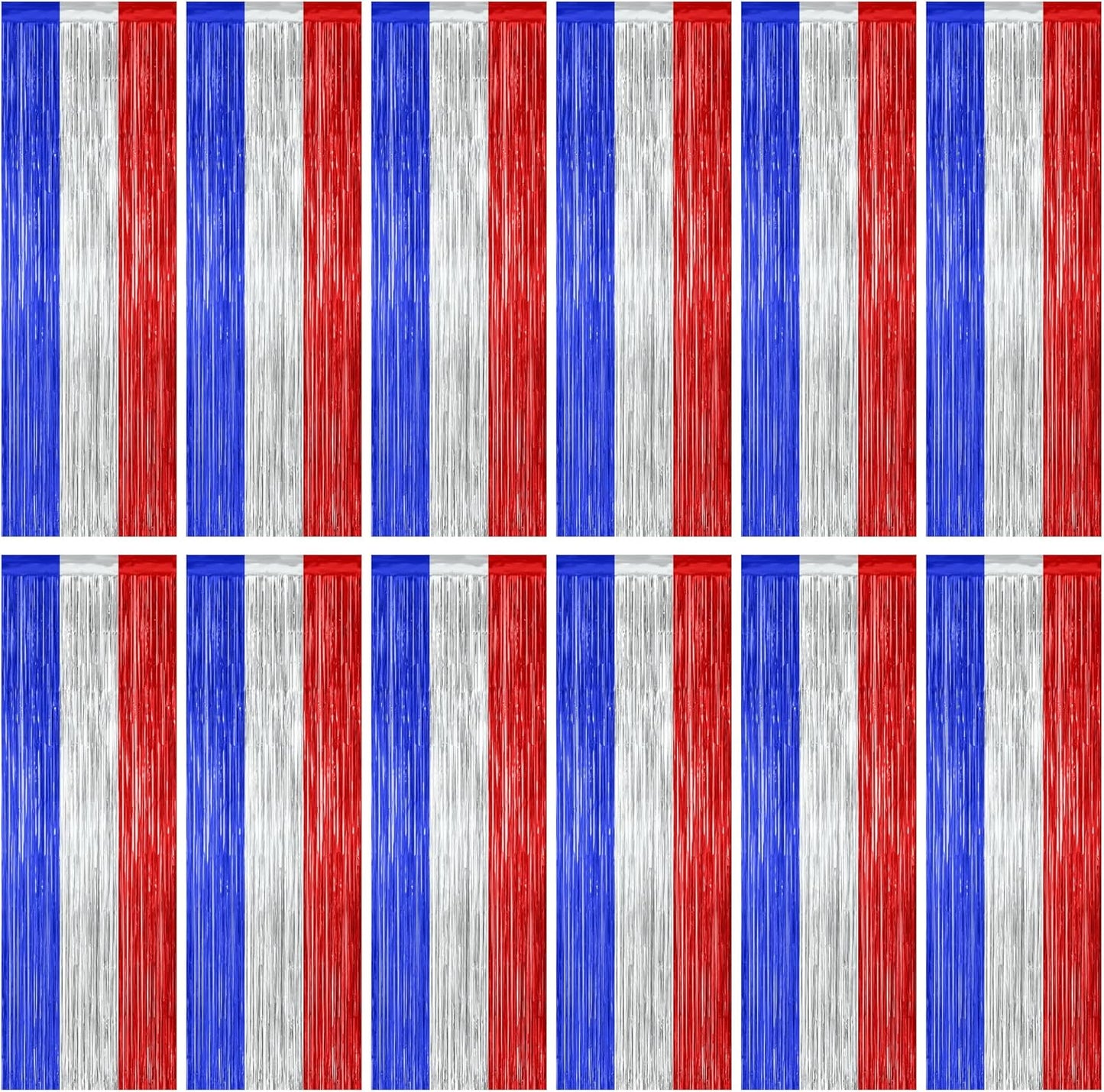 Patriotic Tinsel Backdrop by [Brand Name] - 12 Pack Metallic Blue, Silver & Red Fringe Curtains | 3.28 FT x 7.05 FT Independence Day Party Decor
