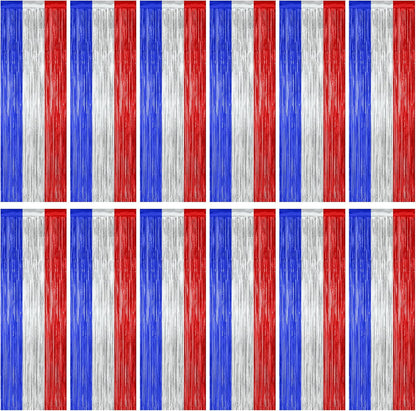 Patriotic Tinsel Backdrop by [Brand Name] - 12 Pack Metallic Blue, Silver & Red Fringe Curtains | 3.28 FT x 7.05 FT Independence Day Party Decor