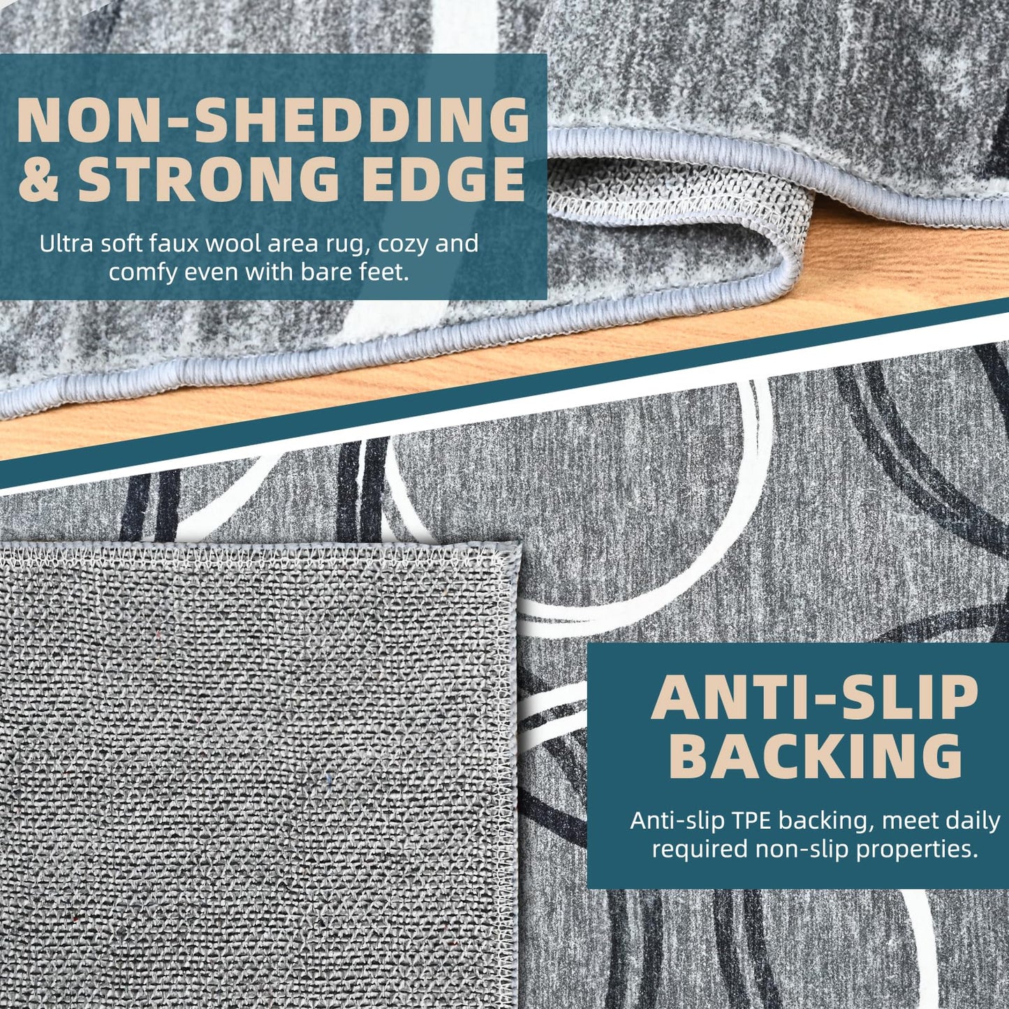 YUFANUHO Modern Grey Area Rugs for Living Room, 6x9 Feet Large Faux Wool Carpet with Abstract Circles Line Design for Bedroom, Machine Washable Non-Slip Wool Rugs 6'x9', Grey/Black/White