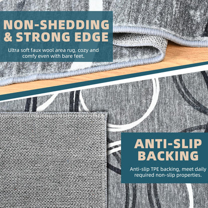 YUFANUHO Modern Grey Area Rugs for Living Room, 6x9 Feet Large Faux Wool Carpet with Abstract Circles Line Design for Bedroom, Machine Washable Non-Slip Wool Rugs 6'x9', Grey/Black/White