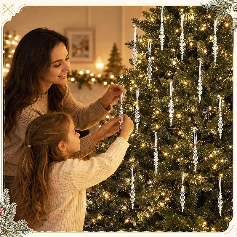Hollowfly 12 Pcs Clear Acrylic Icicle Ornaments Beaded Drops - 4.1in, Variation: Clear+12