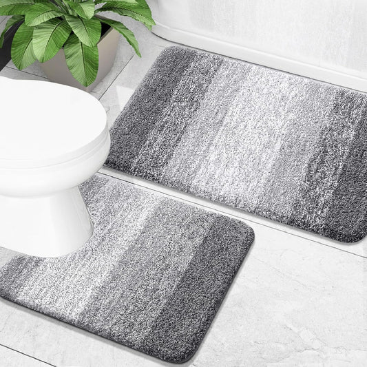 OLANLY Bathroom Rug Set - Soft Absorbent Microfiber Mats & U-Shaped Contour Rug | Non-Slip, Machine Washable, Grey (24"x16" + 24"x20")