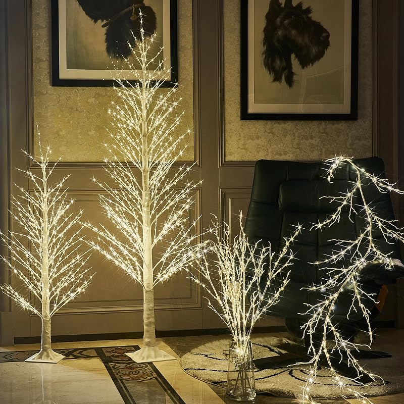 Lighted Alpine Tree 6FT with 810 LED Warm White Lights - White Bark Finish, Ground Stakes Included