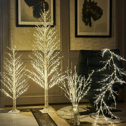 Lighted Alpine Tree 6FT with 810 LED Warm White Lights - White Bark Finish, Ground Stakes Included