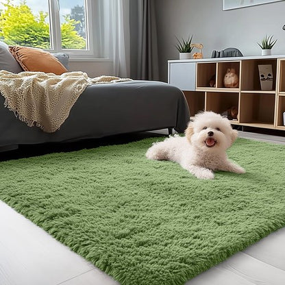 OLANLY 3x5 Machine Washable Small Bedside Rug, Soft Fluffy Shaggy Rugs for Living Room, Bedroom, Indoor Floor Carpet for Kids Girls and Boys, Preppy Dorms, Nursery, Home Decor Aesthetic, Green