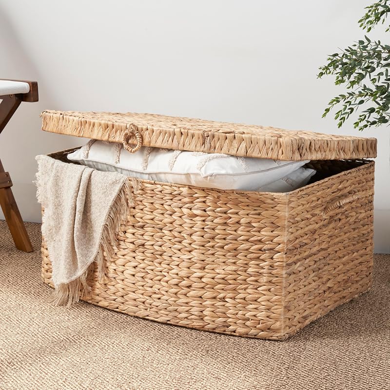 Natural Brown Rectangular Water Hyacinth Storage Trunk with Lid & Handles, 26"