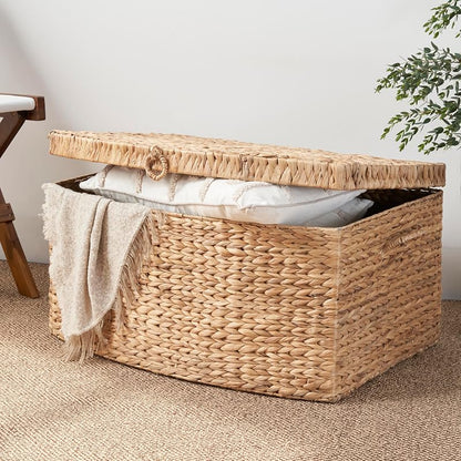 Natural Brown Rectangular Water Hyacinth Storage Trunk with Lid & Handles, 26"