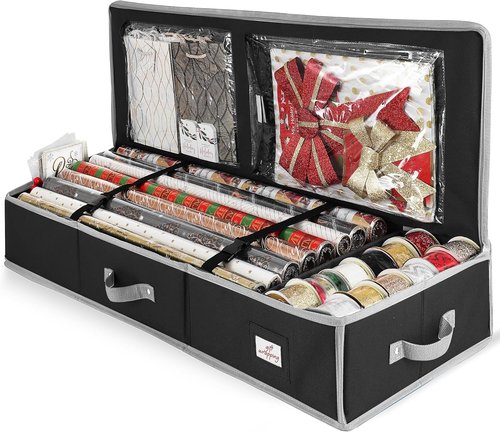 Hearth & Harbor Wrapping Paper Storage Container - Tear-Proof Organizer with Interior Pockets | Holds Up to 22 Rolls