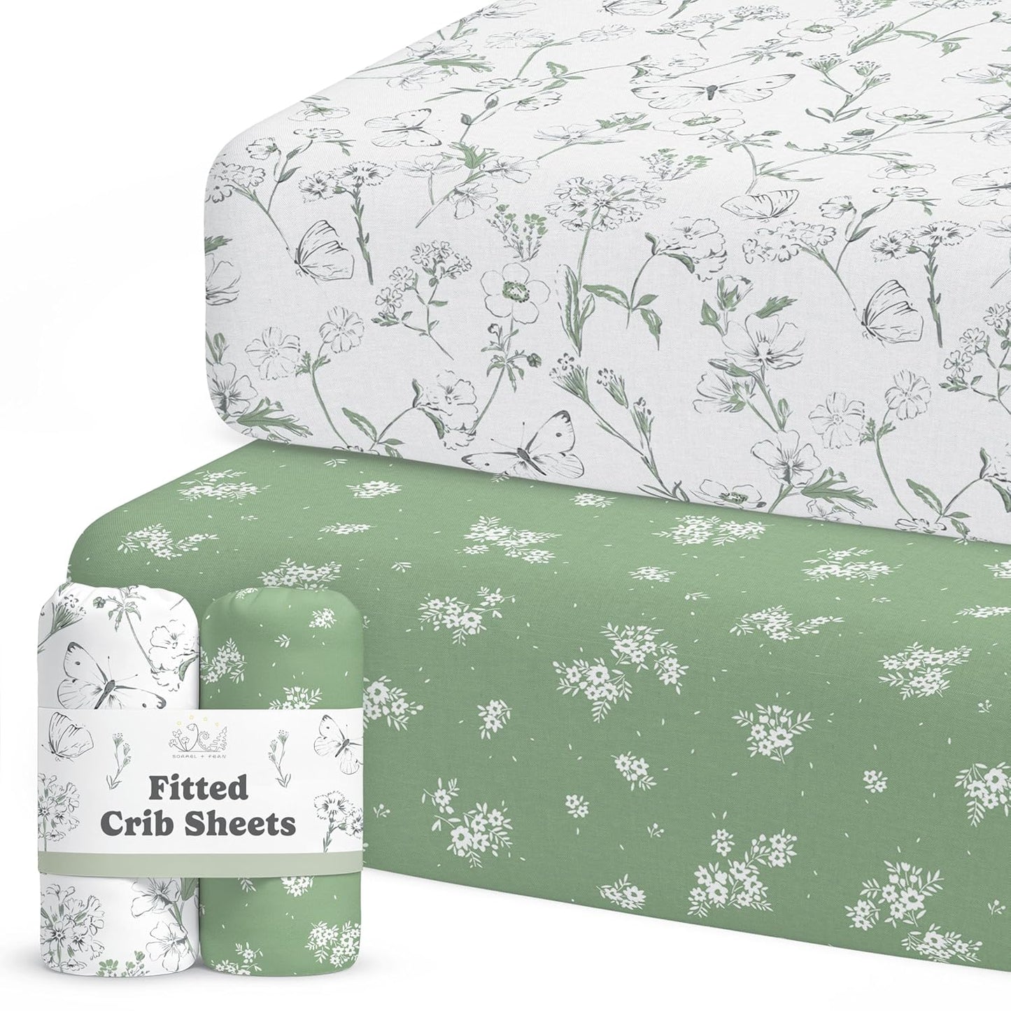 Skiennix Fitted Baby Crib Sheets - Buttery Soft Organic Cotton Blend | 2 Pack in Butterfly Garden Design