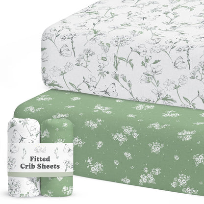 Skiennix Fitted Baby Crib Sheets - Buttery Soft Organic Cotton Blend | 2 Pack in Butterfly Garden Design